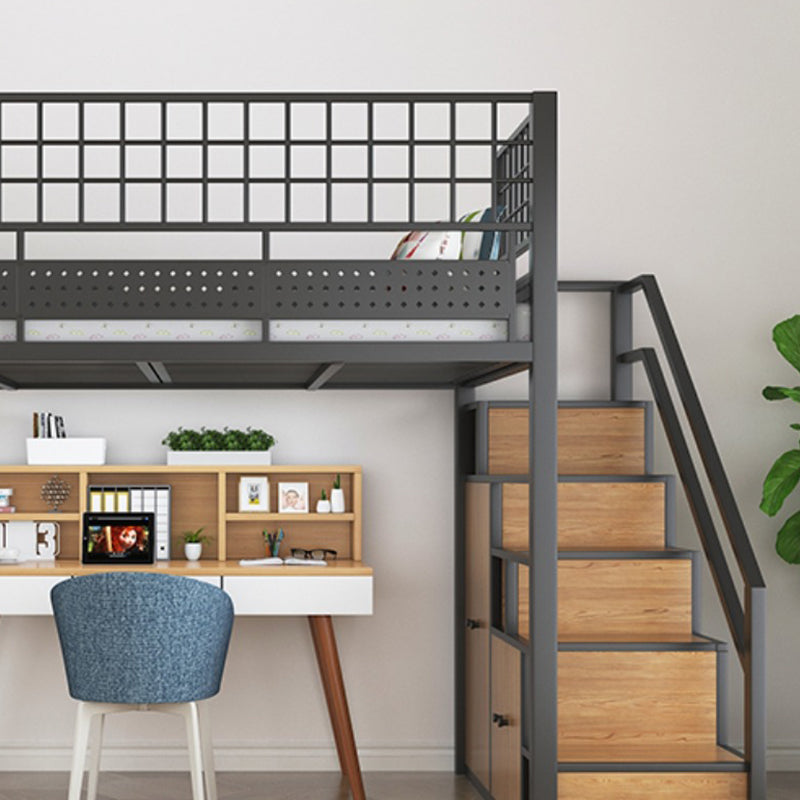 Industrial Style Black / White Loft Bed Iron Kid Bed with Guardrails