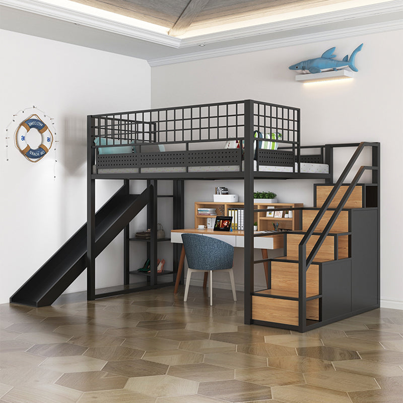 Industrial Style Black / White Loft Bed Iron Kid Bed with Guardrails