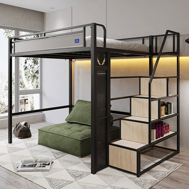 Metal High Loft Bed with Stairway Black Finish Mattress Included Loft Bed