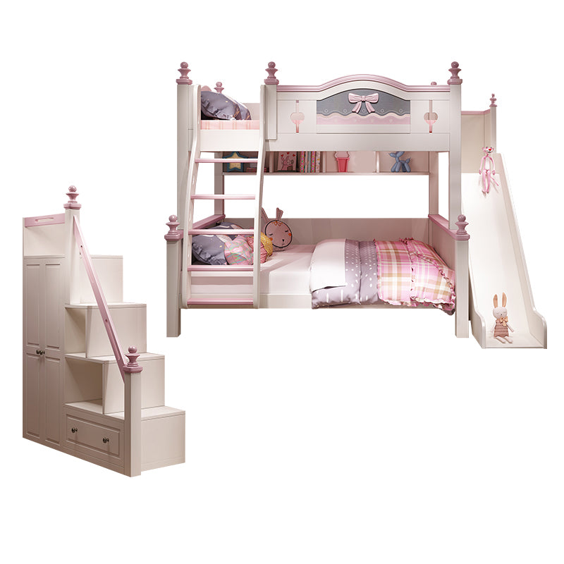 White Wood Standard Bunk Bed with Trundle Nordic Mattress Included High Bunk Bed for Girls