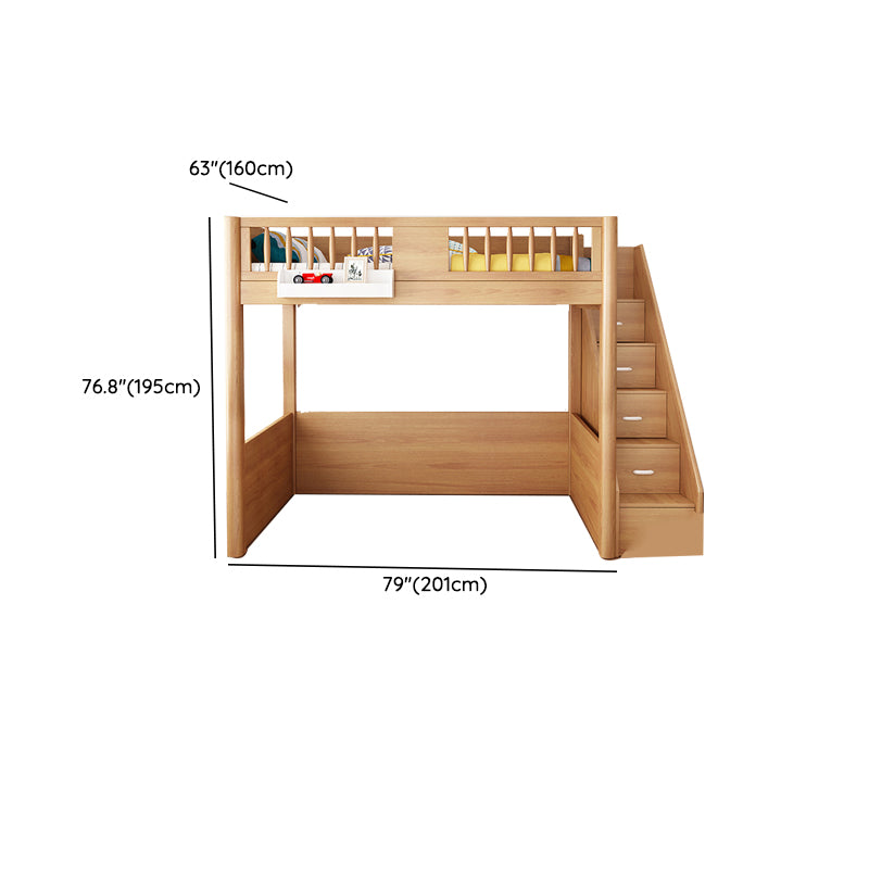 Scandinavian Wood High Loft Bed Natural Bunk Bed with Stairway and Storage