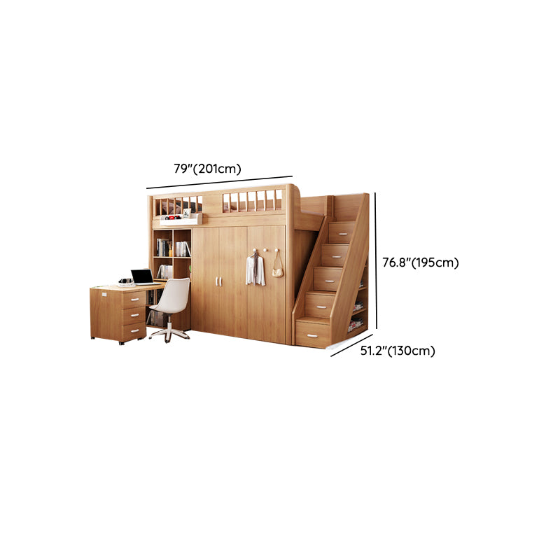 Scandinavian Wood High Loft Bed Natural Bunk Bed with Stairway and Storage