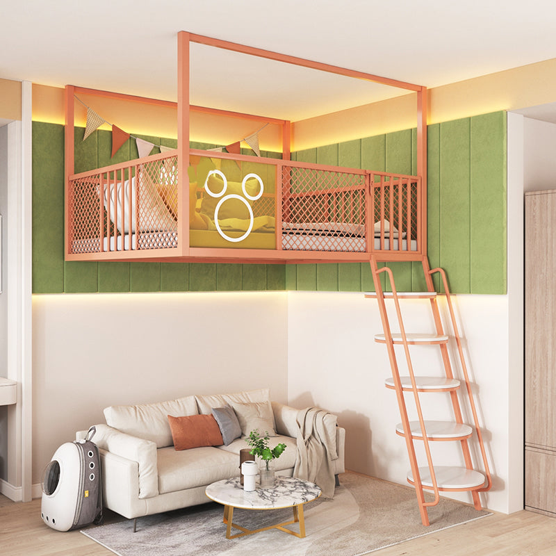 High Loft Bed with Guardrails Metal Built-In Ladder Open Frame Bed