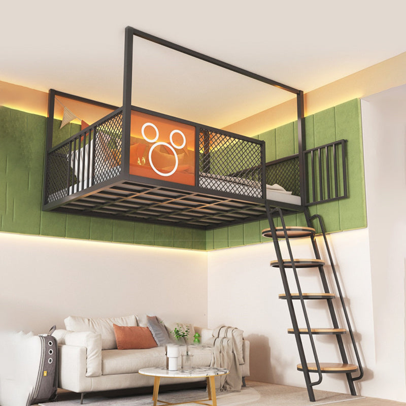 High Loft Bed with Guardrails Metal Built-In Ladder Open Frame Bed