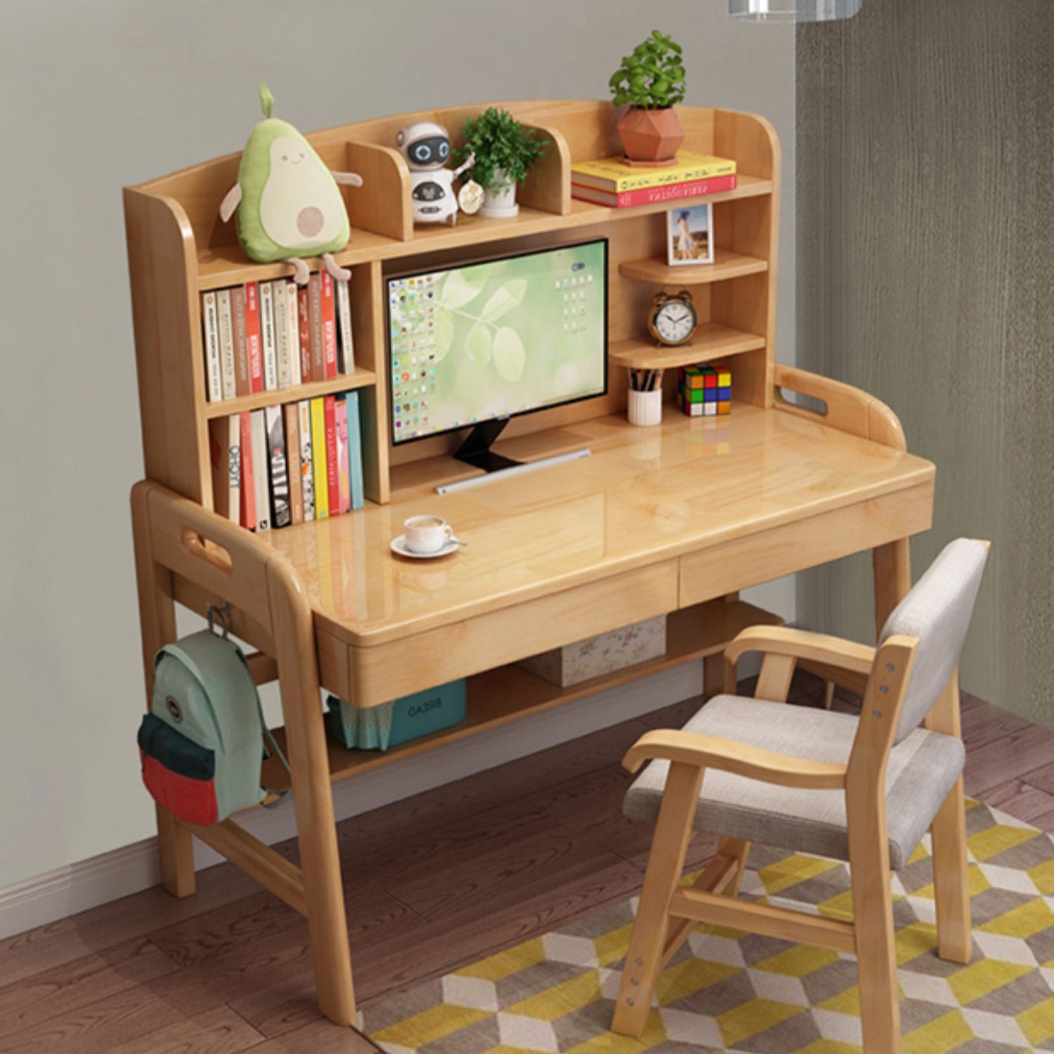 Adjustable Writing Desk with Hutch Wood Kids Desk and Chair Set