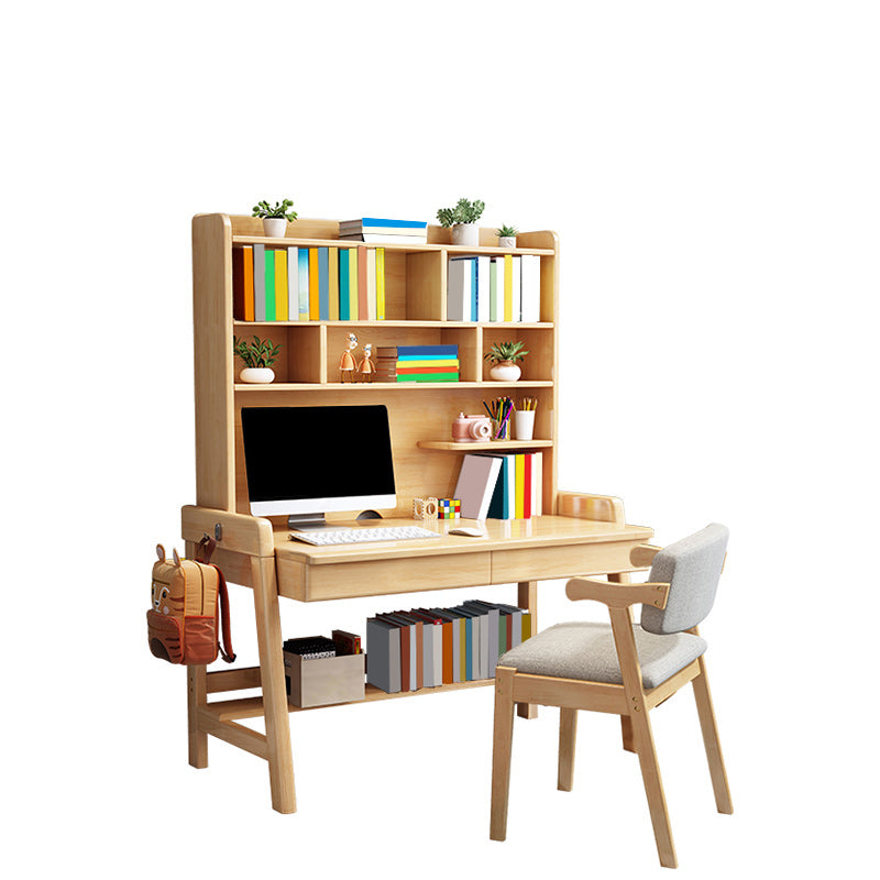 Solid Wood Study Desk with Storage Drawer with Storage Shelves Student Table