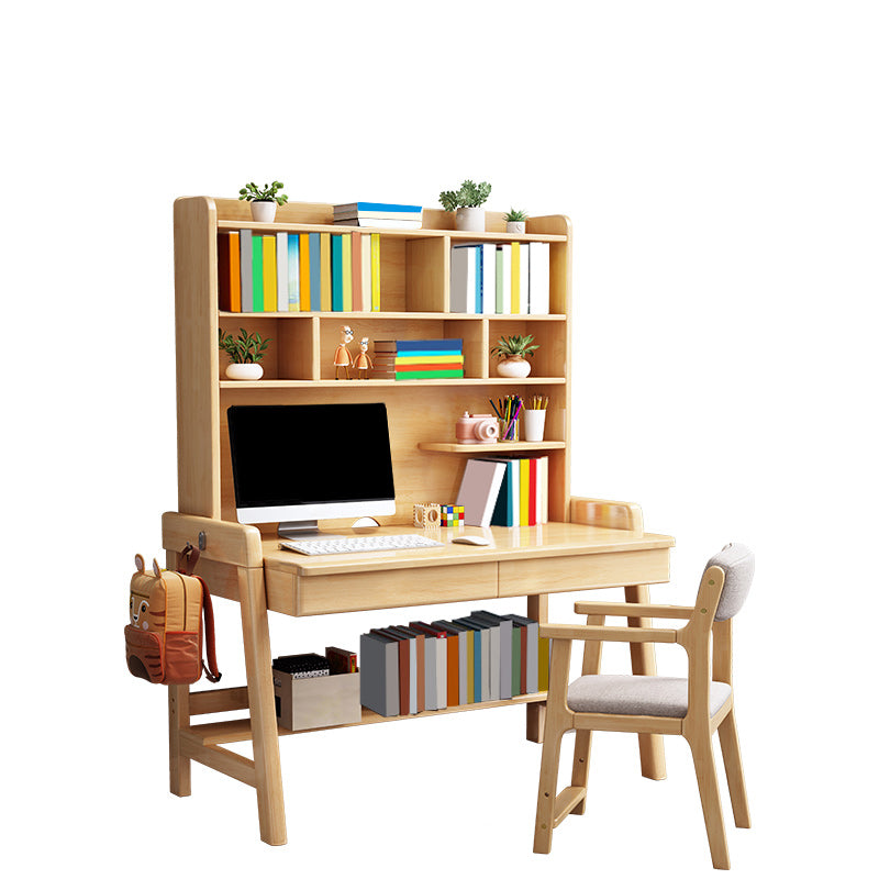 Solid Wood Study Desk with Storage Drawer with Storage Shelves Student Table