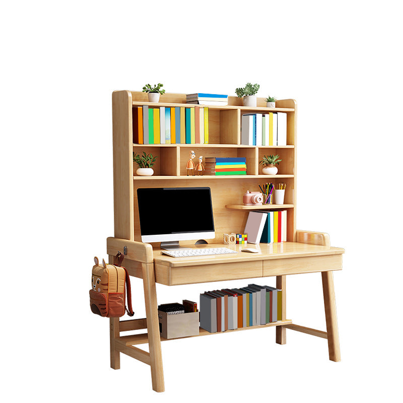 Solid Wood Study Desk with Storage Drawer with Storage Shelves Student Table