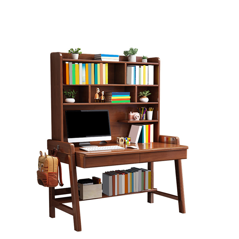 Solid Wood Study Desk with Storage Drawer with Storage Shelves Student Table