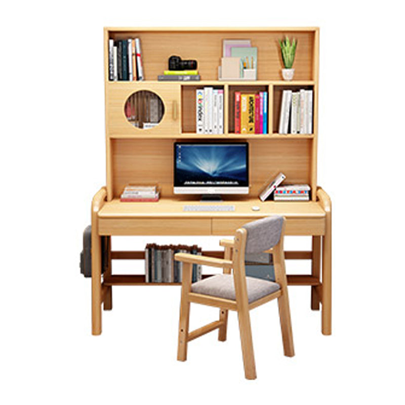 Solid Wood Home Study Desk with Bookshelf Multifunctional Lifting Student Table