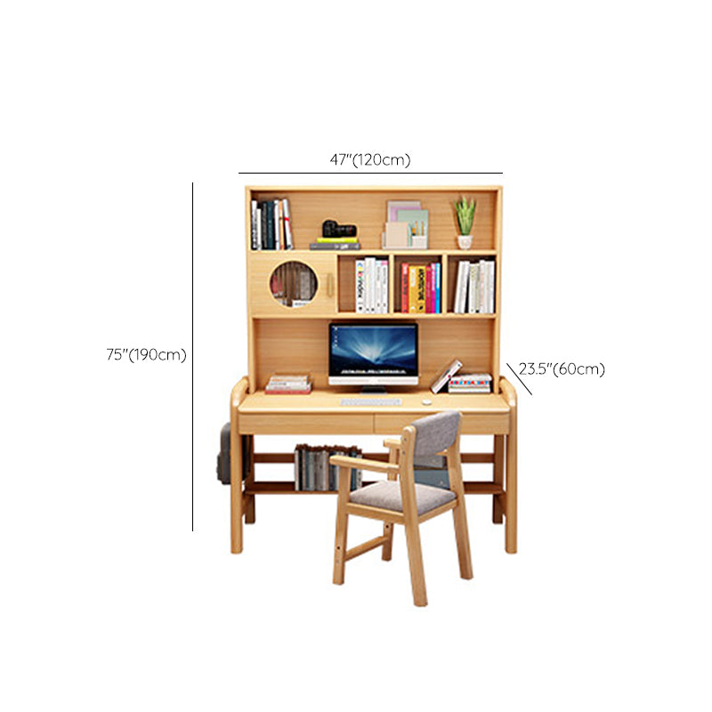 Solid Wood Home Study Desk with Bookshelf Multifunctional Lifting Student Table