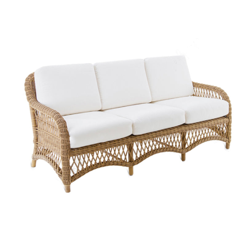 Tropical Outdoor Patio Sofa in Brown Plastic with White Cushion