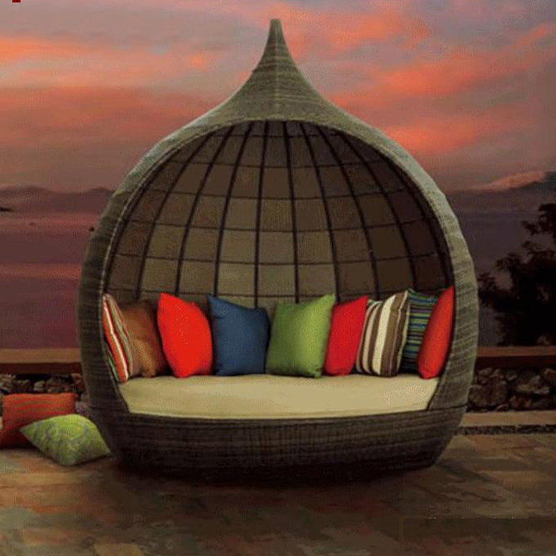 Tropical Grey Rattan Patio Daybed with Canopy Symmetrical Sofa