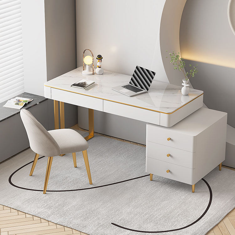 Modern Stone Office Desk Rectangular Shape Task Desk with 5-Drawers in White