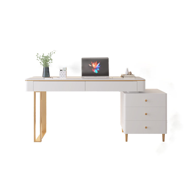 Modern Stone Office Desk Rectangular Shape Task Desk with 5-Drawers in White