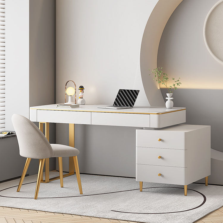 Modern Stone Office Desk Rectangular Shape Task Desk with 5-Drawers in White