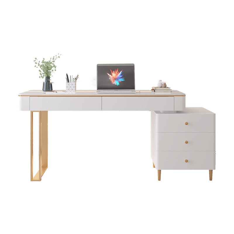 Modern Stone Office Desk Rectangular Shape Task Desk with 5-Drawers in White