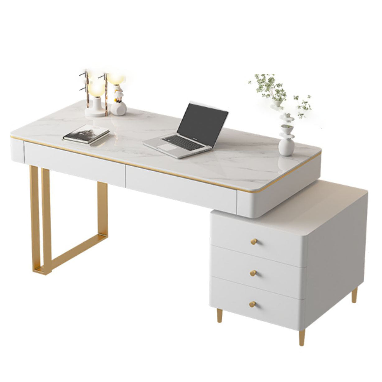 Modern Stone Office Desk Rectangular Shape Task Desk with 5-Drawers in White