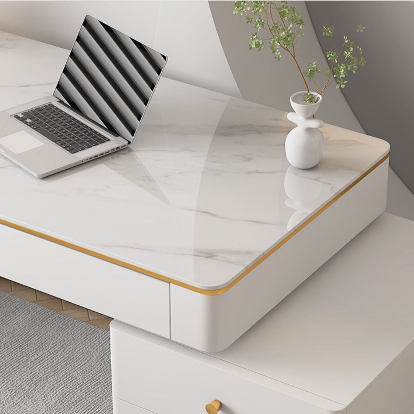 Modern Stone Office Desk Rectangular Shape Task Desk with 5-Drawers in White