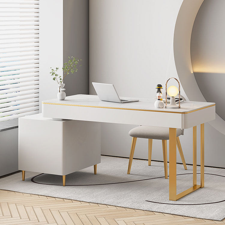 Modern Stone Office Desk Rectangular Shape Task Desk with 5-Drawers in White