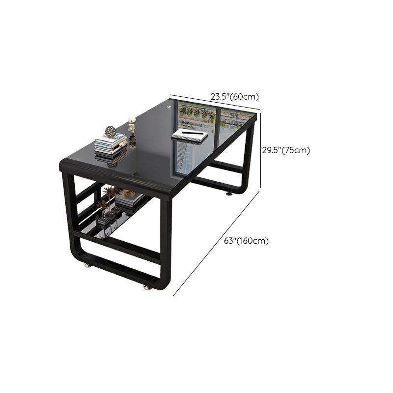 Rectangular Glass Top Office Desk Antique Finish Computer Desk with Metal Legs