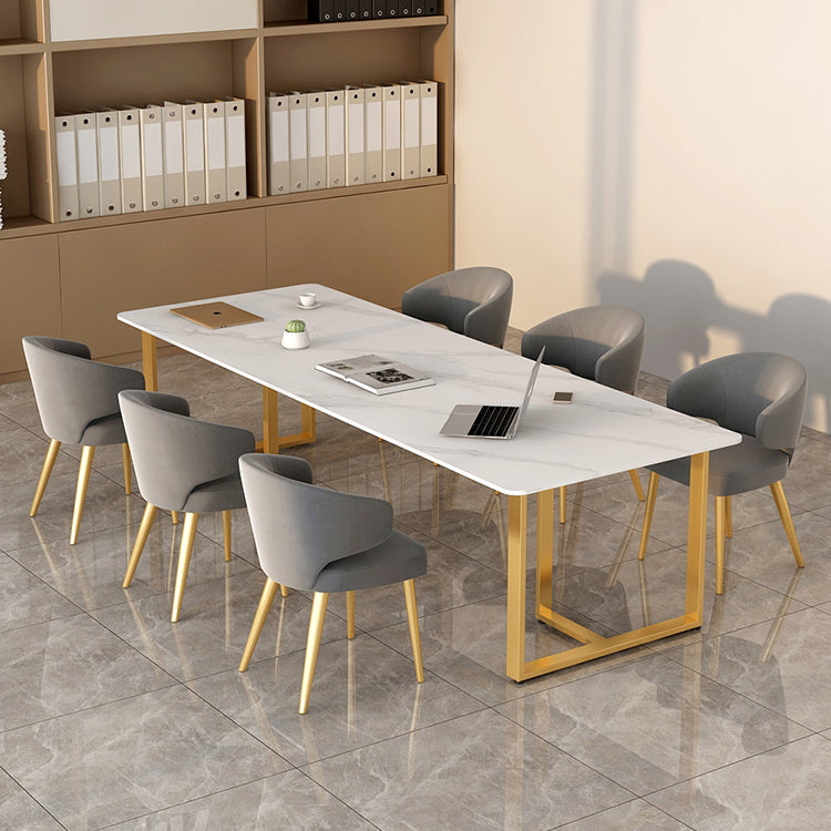 Stone Modern Style Office Desk Rectangular Shape Conference Table with 2-Legs in White