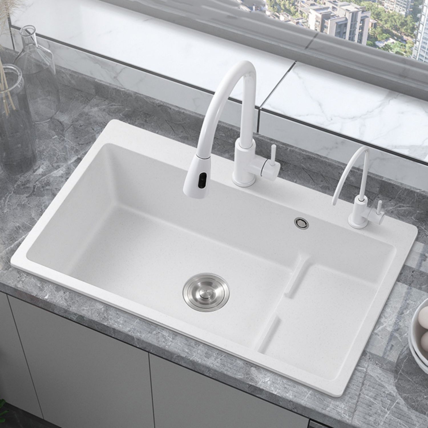 Kitchen Ceramic Sink Rectangular Anti-spill Pull-out Faucet Ceramic Sink