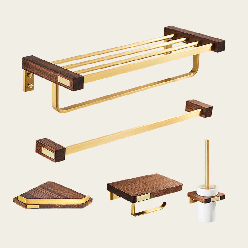 6-Piece Walnut Bathroom Accessory Set Metal Gold Bath Hardware Set