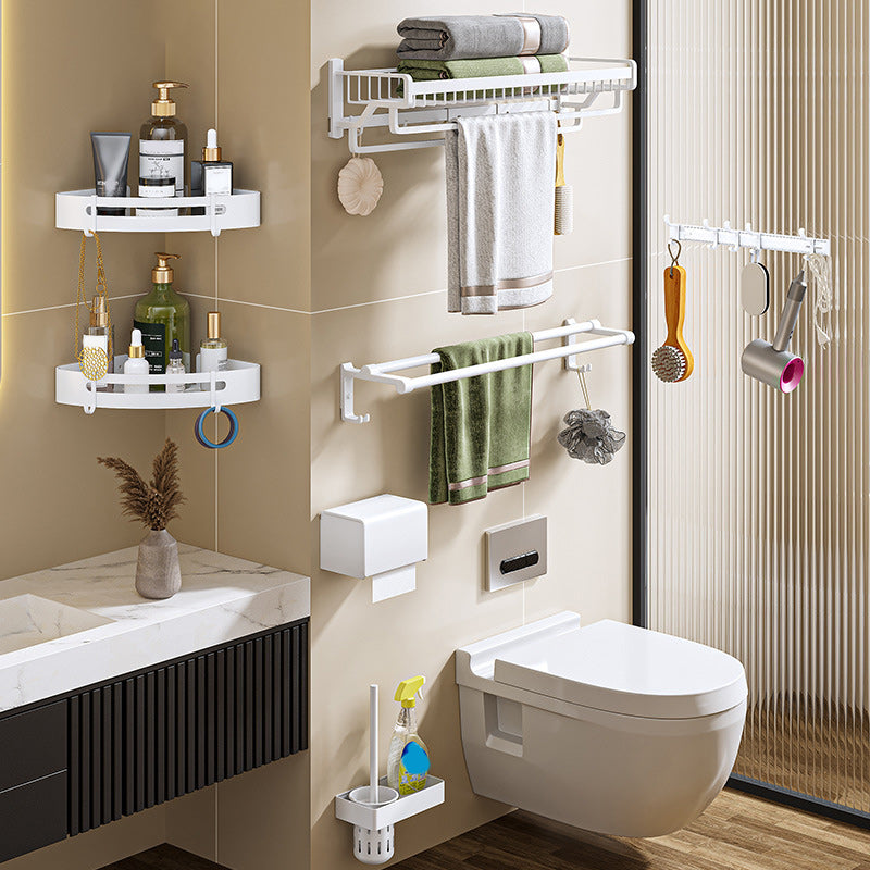 Modern White Finish Bathroom Accessory Set with Bath Shelf/Towel Bar/Robe Hooks