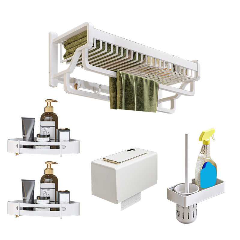 Modern White Finish Bathroom Accessory Set with Bath Shelf/Towel Bar/Robe Hooks