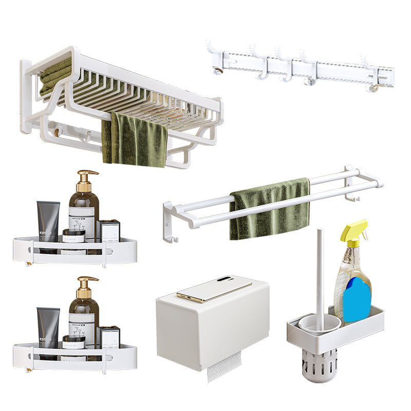 Modern White Finish Bathroom Accessory Set with Bath Shelf/Towel Bar/Robe Hooks