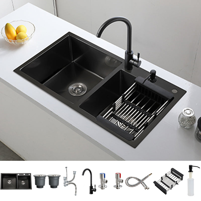 Double Bowl Stainless Steel Sink in black with Strainer Drop-In Kitchen Sink