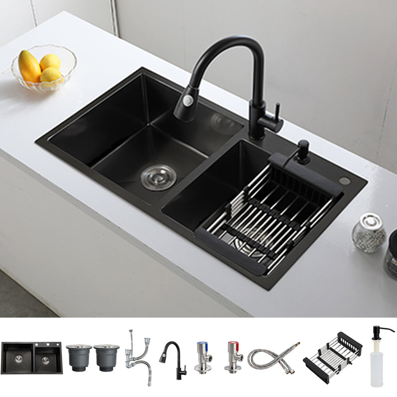 Double Bowl Stainless Steel Sink in black with Strainer Drop-In Kitchen Sink