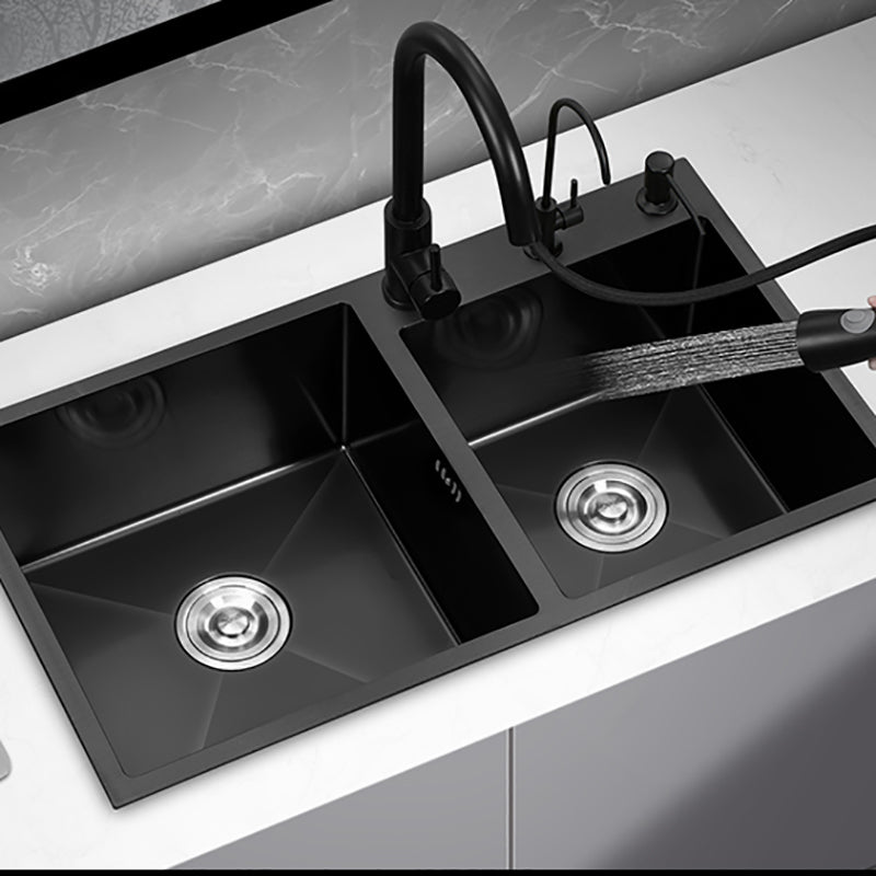 Double Bowl Stainless Steel Sink in black with Strainer Drop-In Kitchen Sink