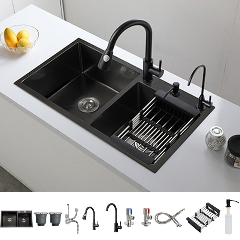 Double Bowl Stainless Steel Sink in black with Strainer Drop-In Kitchen Sink