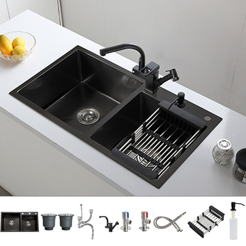 Double Bowl Stainless Steel Sink in black with Strainer Drop-In Kitchen Sink