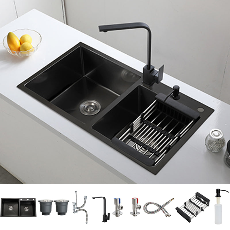 Double Bowl Stainless Steel Sink in black with Strainer Drop-In Kitchen Sink