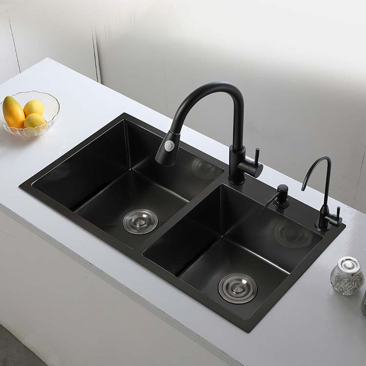 Double Bowl Stainless Steel Sink in black with Strainer Drop-In Kitchen Sink