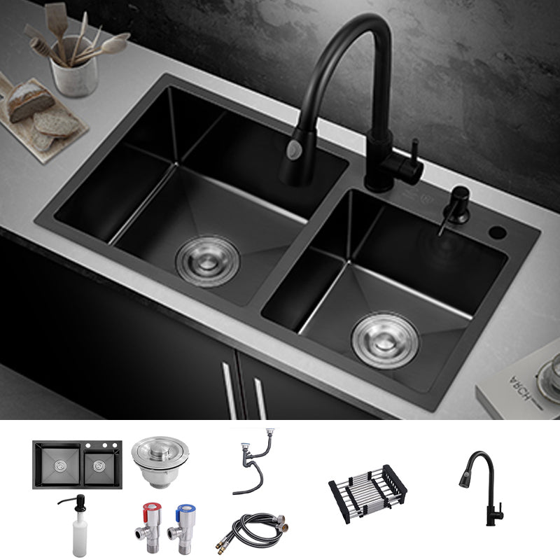 Kitchen Double Sink Stainless Steel Drop-In Kitchen Sink in Black