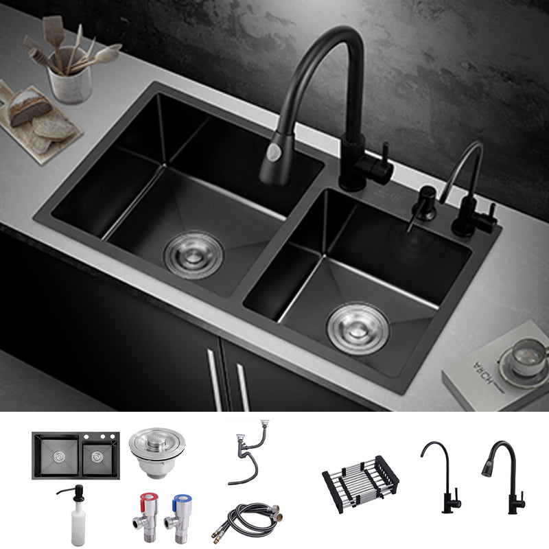 Kitchen Double Sink Stainless Steel Drop-In Kitchen Sink in Black