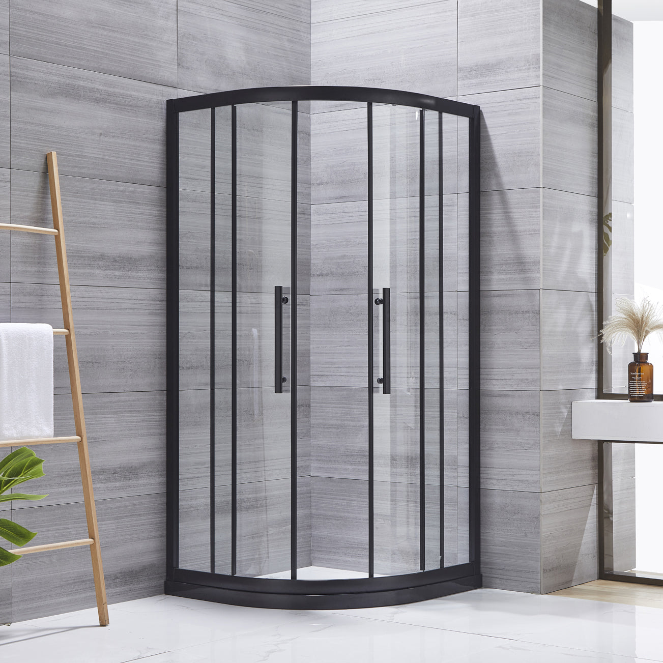 Neo-round Double Sliding Shower Enclosure Black Frame Shower Kit