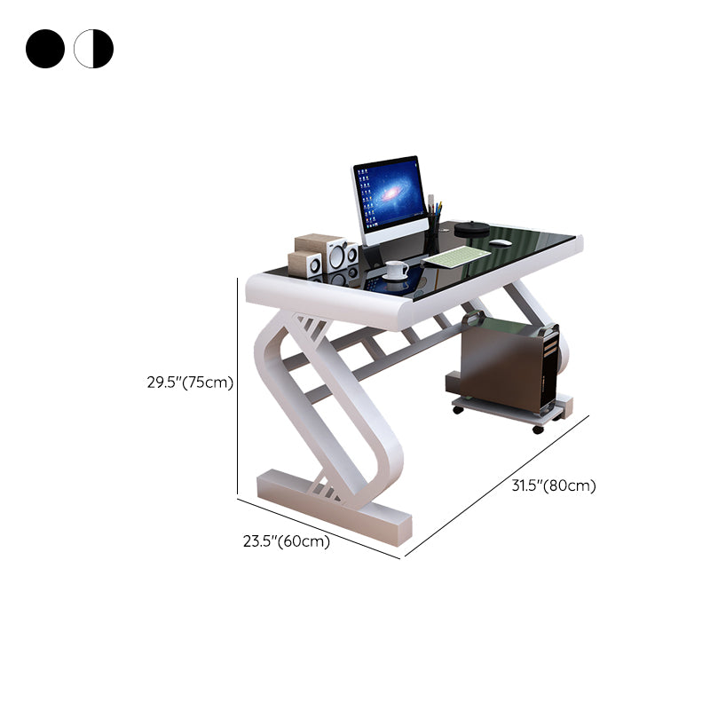 Contemporary Gaming Desk Antique Finish Glass Top Office Desk with Metal Legs