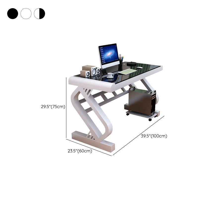 Contemporary Gaming Desk Antique Finish Glass Top Office Desk with Metal Legs