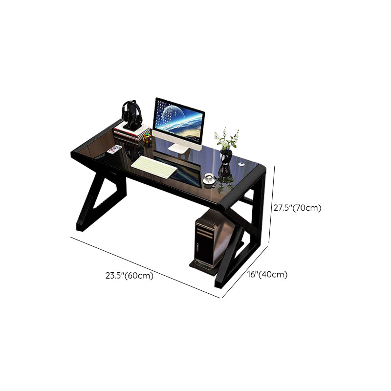 Glass Top Computer Desk Antique Finish Gaming Desk with Metal Legs