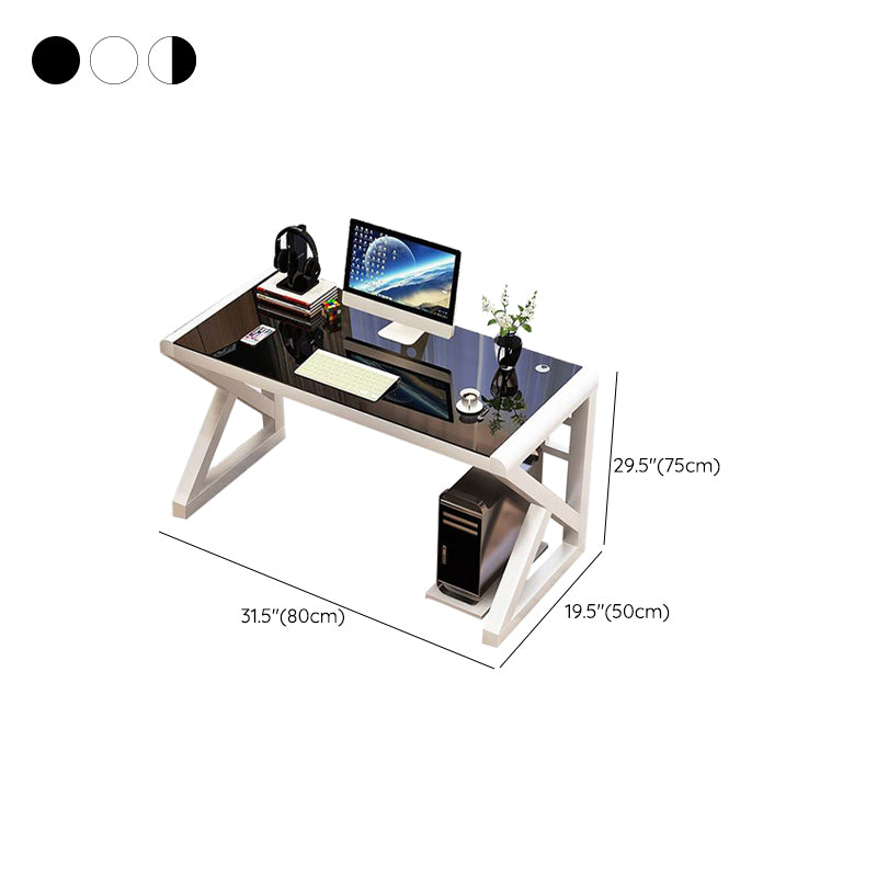 Glass Top Computer Desk Antique Finish Gaming Desk with Metal Legs