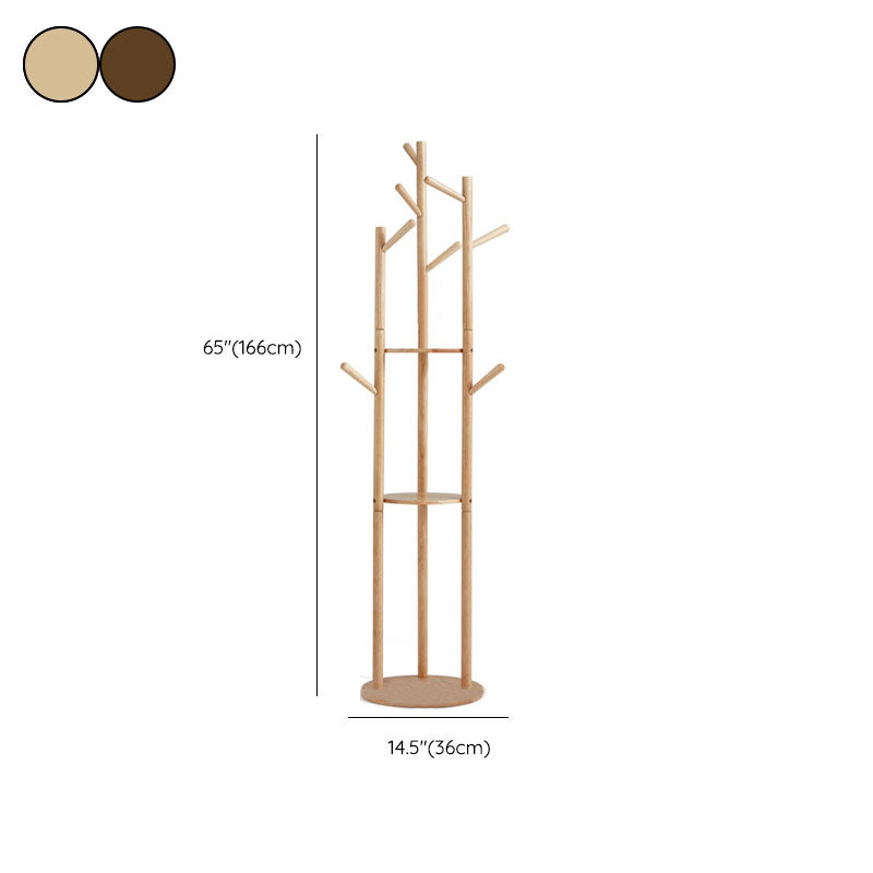 Modern Style Hall Tree Rubber Wood Entryway Coat Rack with 2 Shelves