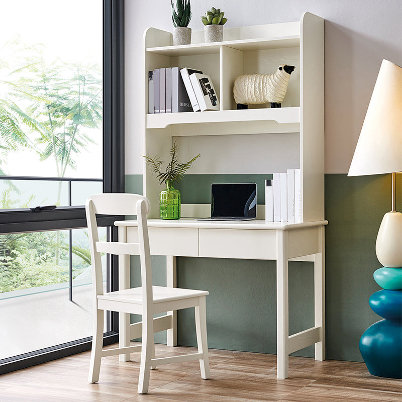 Solid Wood Writing Desk in White Kid's Desk with Shelf and Drawer