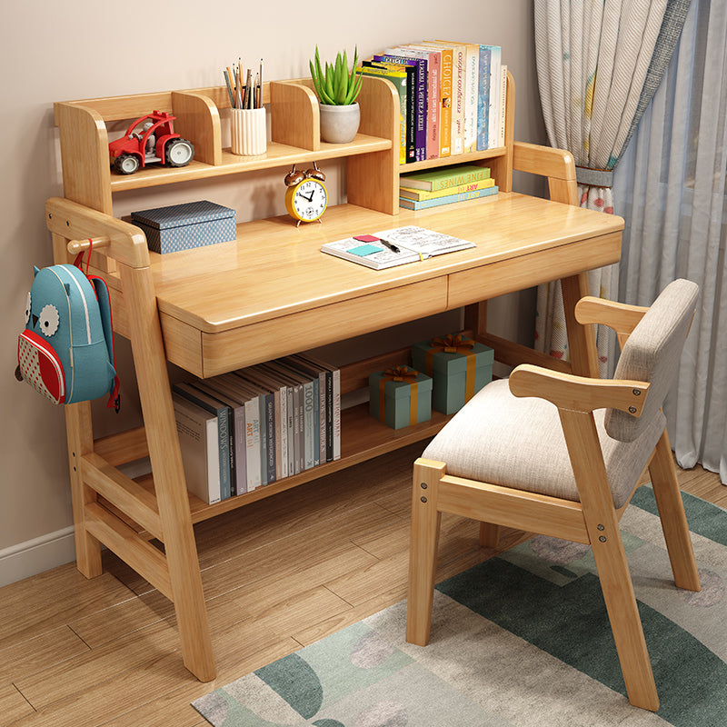 Adjustable Study Desk Rubber Wood Children's Desk with Storage Shelves