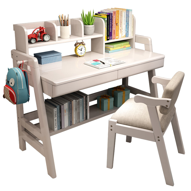 Adjustable Study Desk Rubber Wood Children's Desk with Storage Shelves