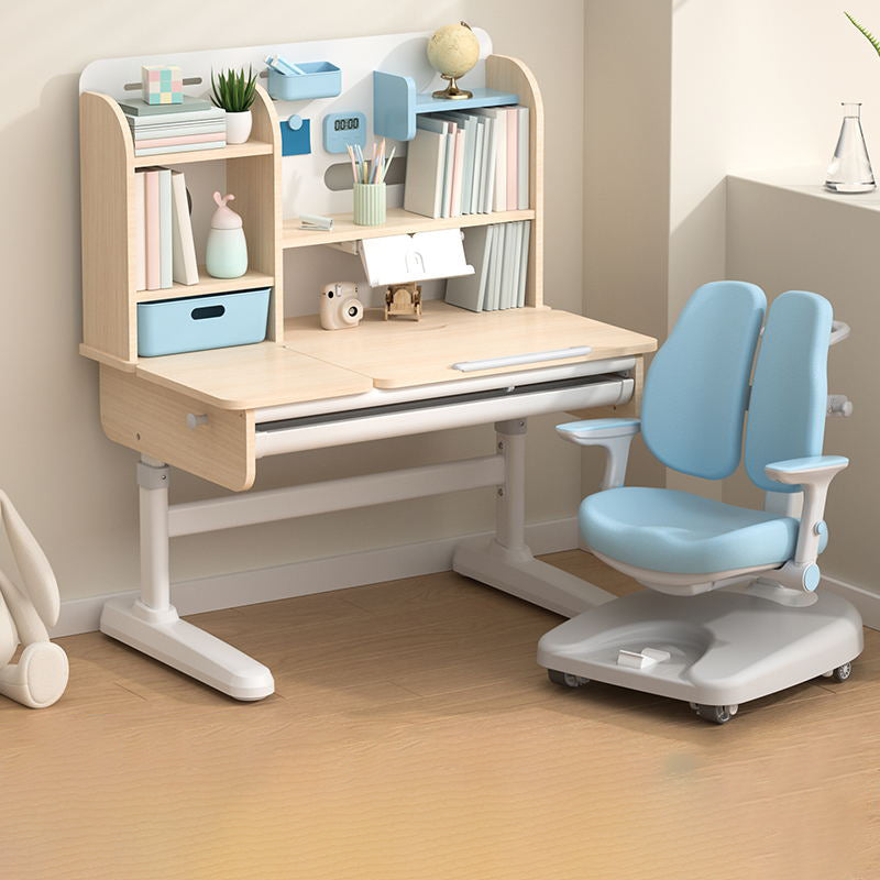 Adjustable Writing Desk Rubber Wood Table and Chair Set Kids Desk with Storage Shelves